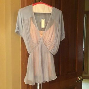 Blue blouse with pink cami